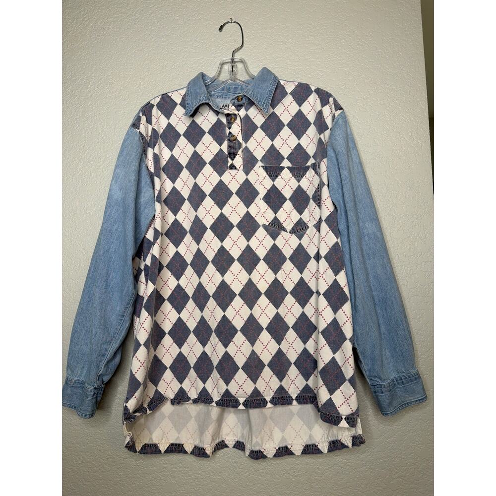 Andrews Blues Denim Patchwork Henley Shirt Cotton Blue Large